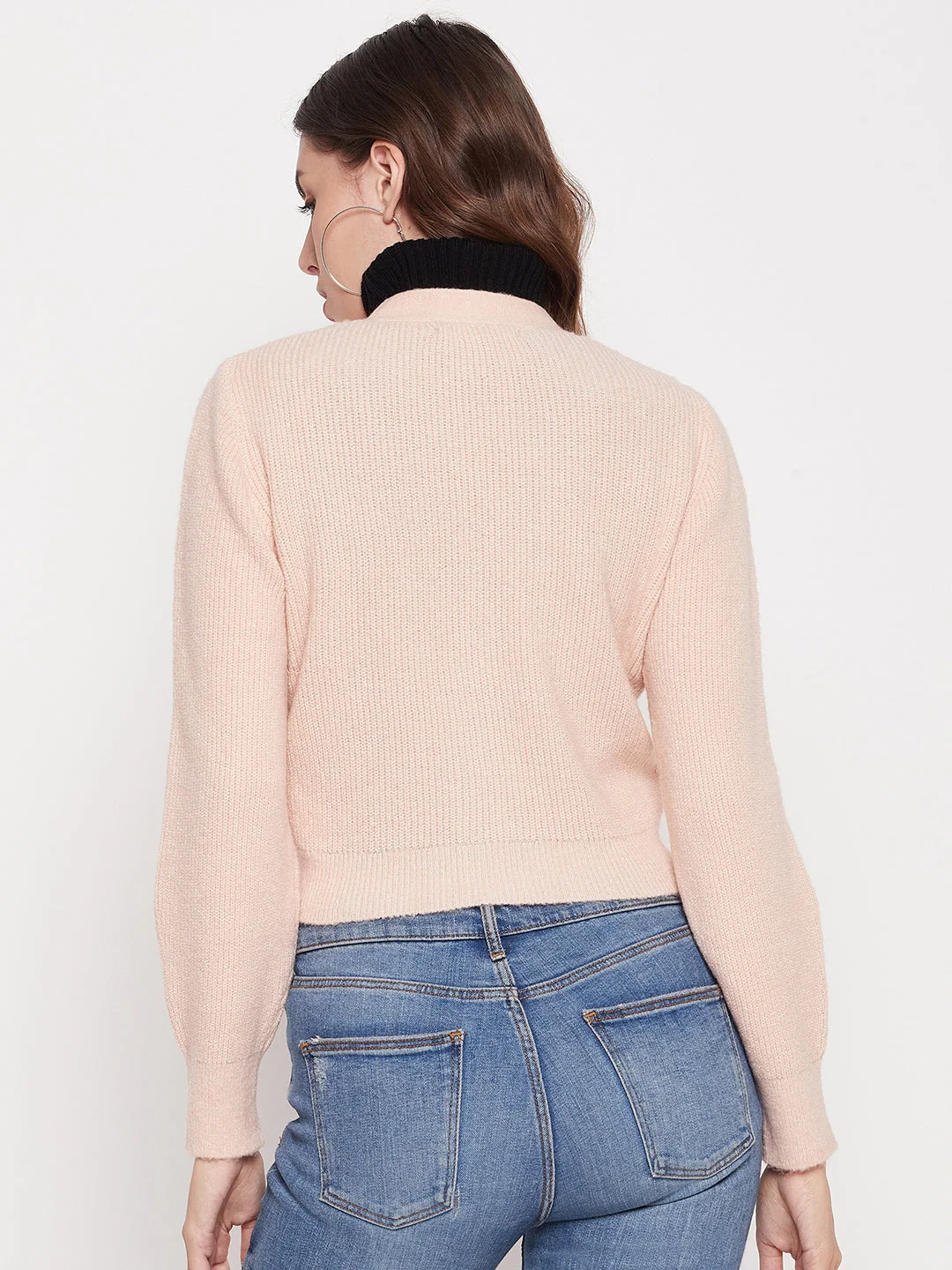 Madame Solid Peach V-Neck Crop Cardigan - Image 3