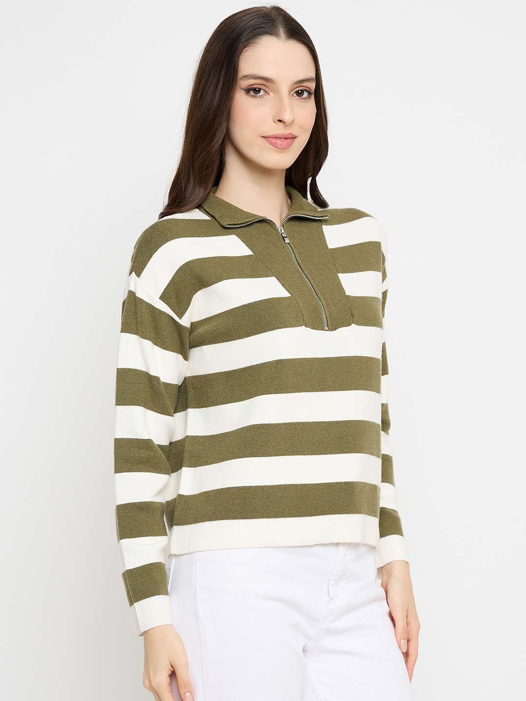 Madame Striped Zip Up Olive Green Sweater - Image 4