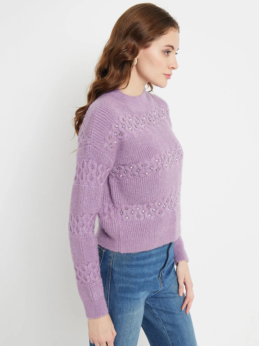 Madame Cable Knit Embellished Lilac Sweater - Image 4