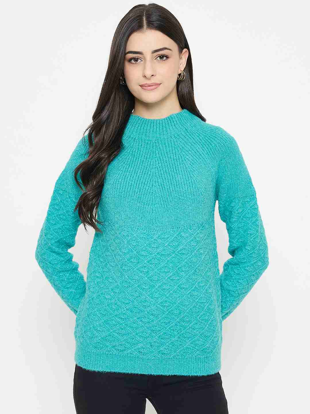 Madame Textured Mock Neck Peacock Green Acrylic Sweater - Image 3