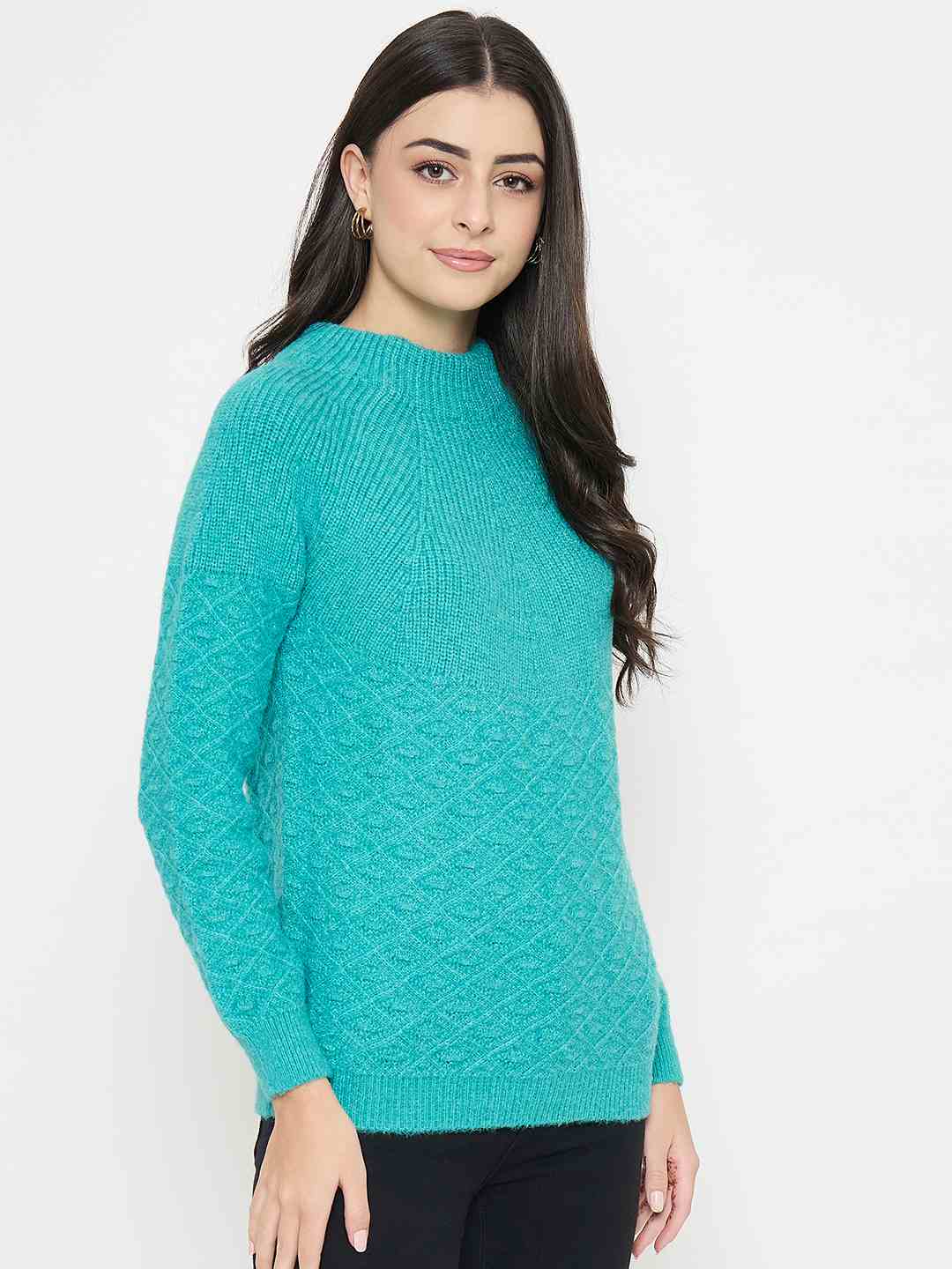 Madame Textured Mock Neck Peacock Green Acrylic Sweater - Image 4