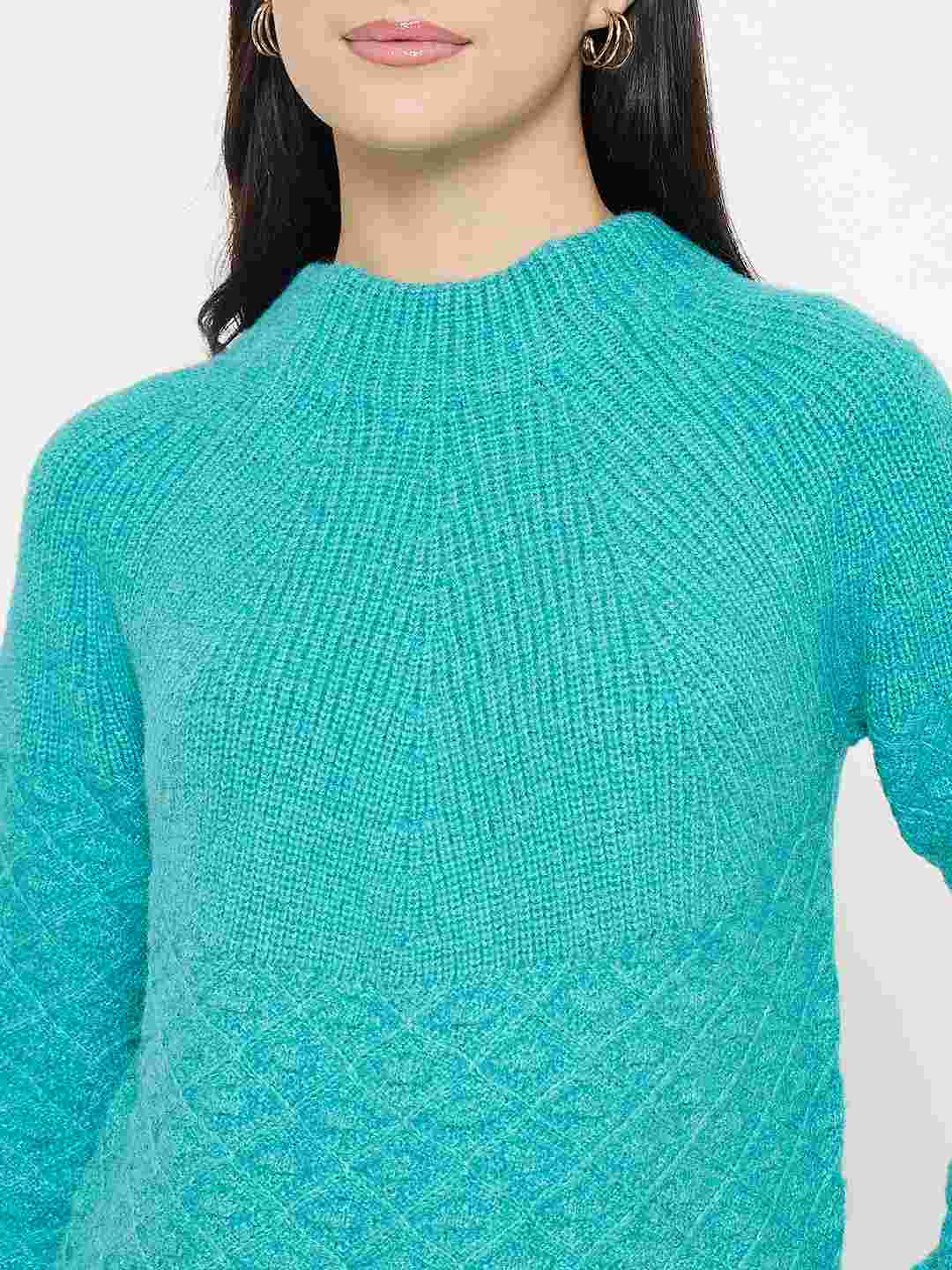 Madame Textured Mock Neck Peacock Green Acrylic Sweater - Image 7