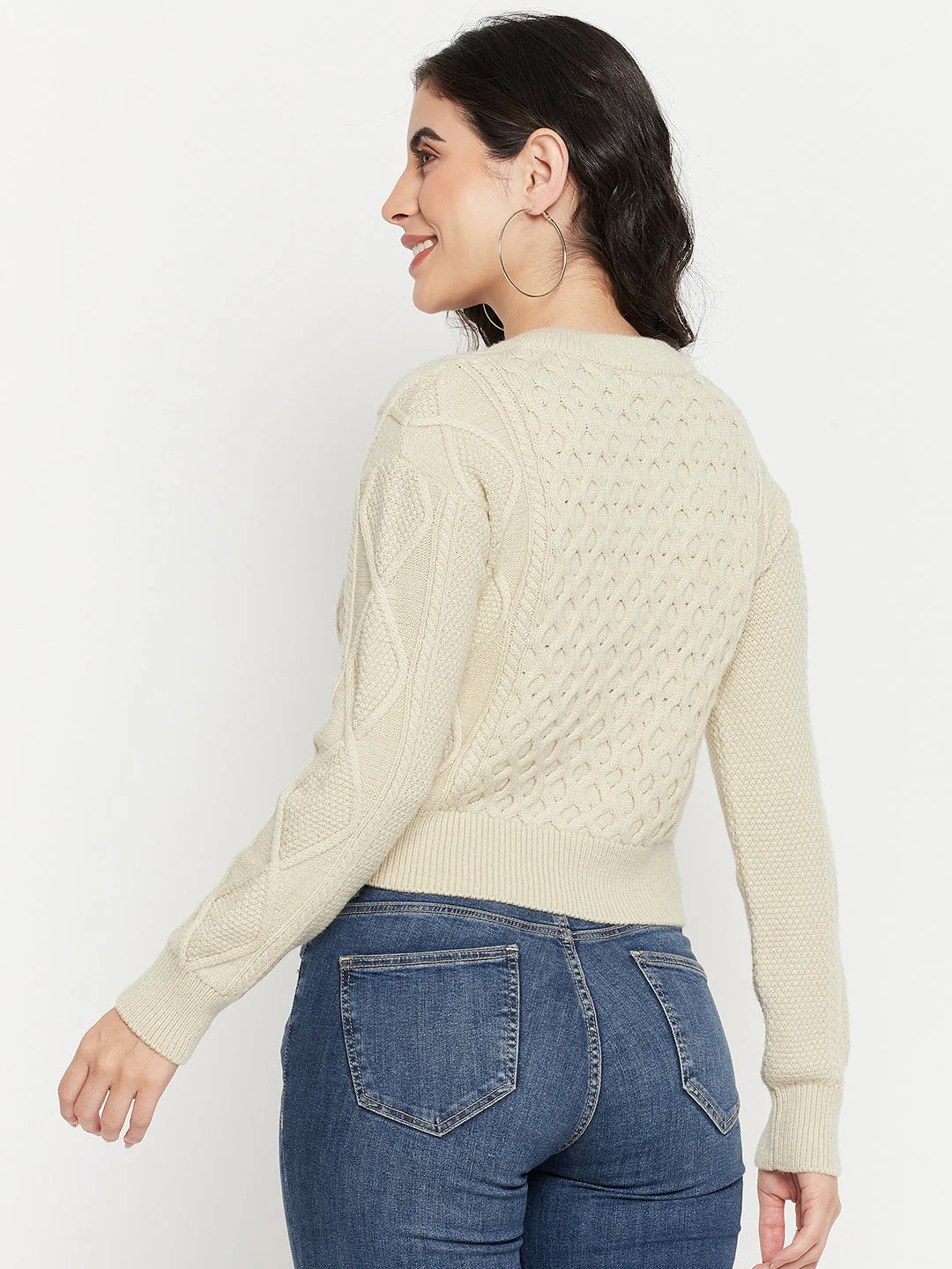 Madame Cable Knit Beige Crop Sweater - Image 4