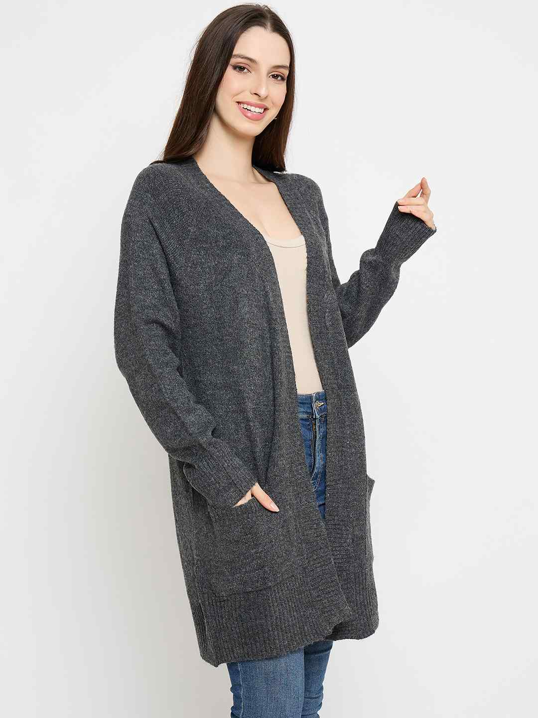 Madame Acrylic Dark Grey Long Open Shrug - Image 4