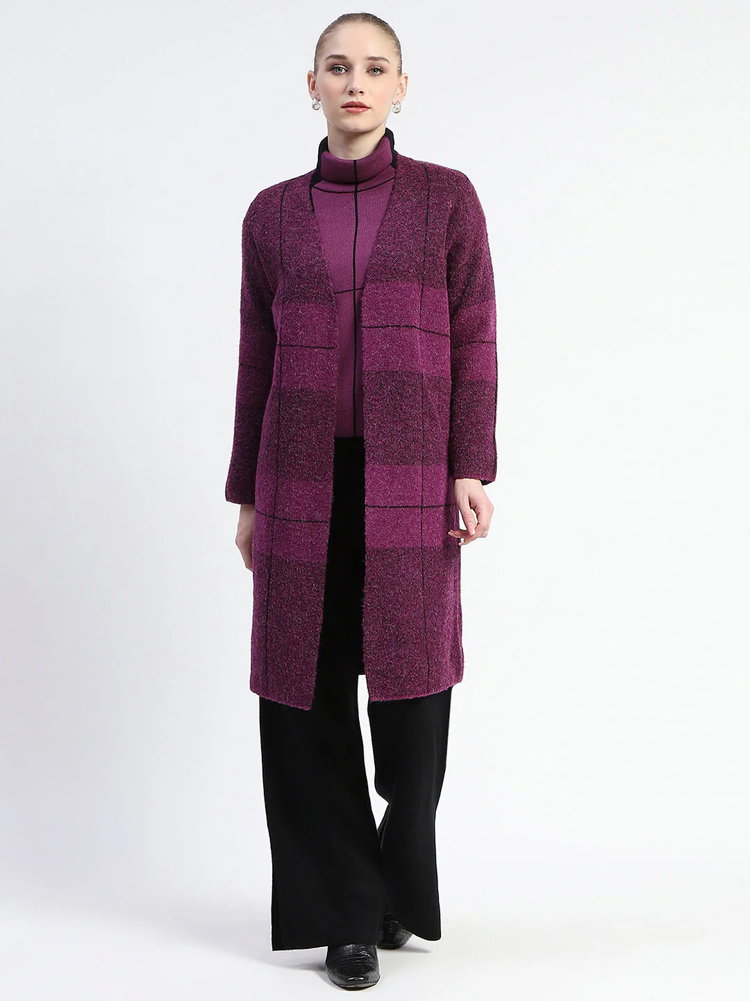 Madame Dark Purple Gingham Print Shrug With Top And Bottom Co-Ord Set - Image 2
