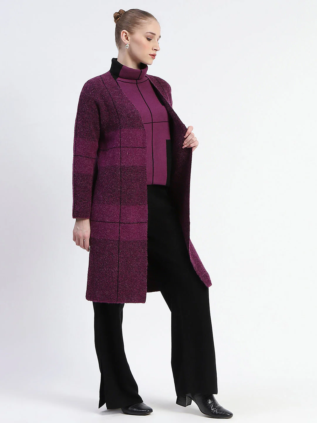 Madame Dark Purple Gingham Print Shrug With Top And Bottom Co-Ord Set - Image 3