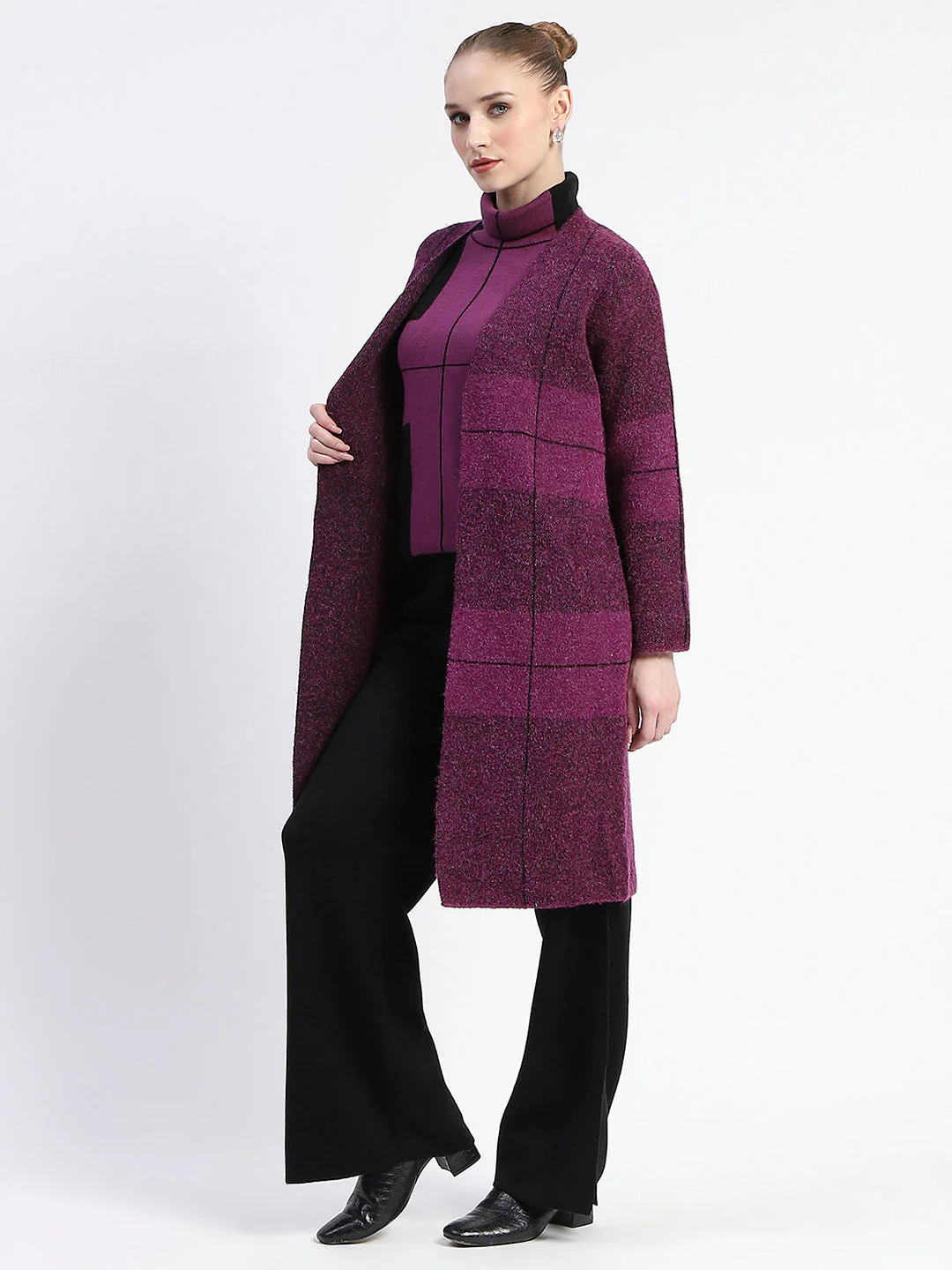 Madame Dark Purple Gingham Print Shrug With Top And Bottom Co-Ord Set - Image 4