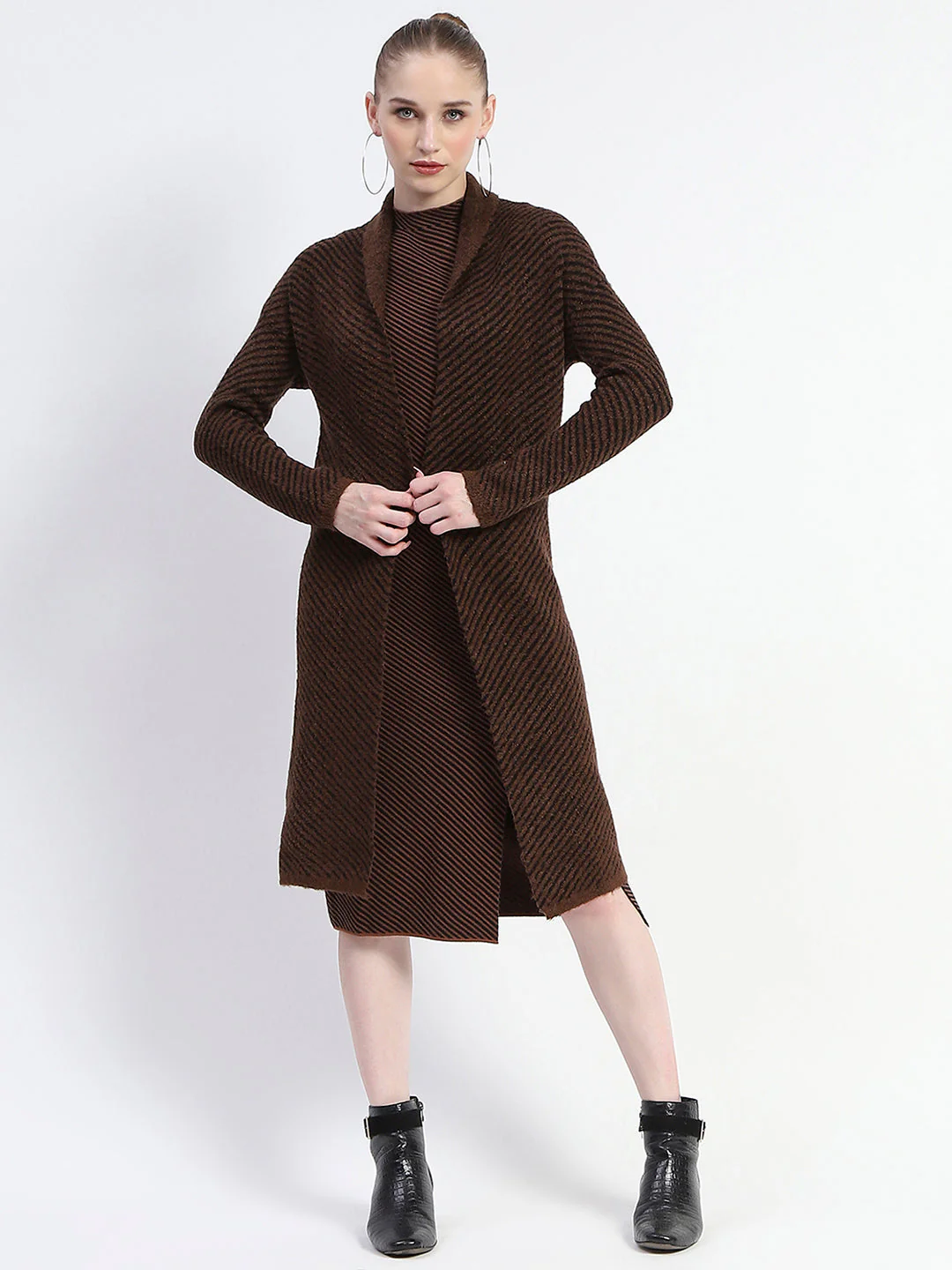 Madame Diagonal Stripe Brown Shrug And Midi Dress Co-Ord Set - Image 2