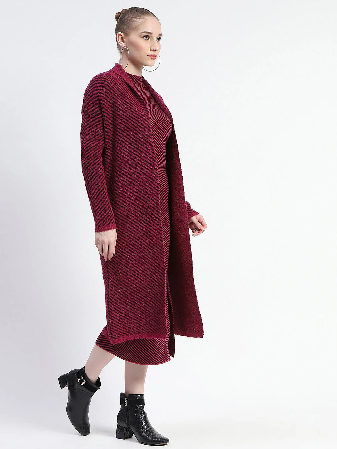 Madame Diagonal Stripe Magenta Shrug And Midi Dress Co-Ord Set - Image 4