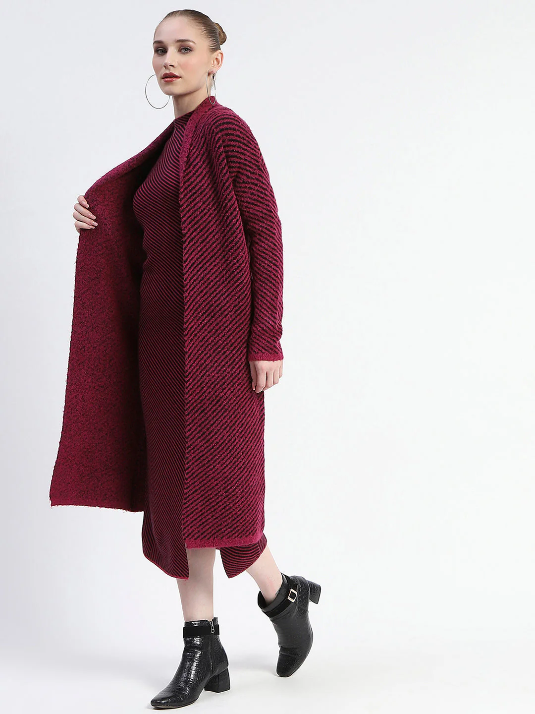 Madame Diagonal Stripe Magenta Shrug And Midi Dress Co-Ord Set - Image 5