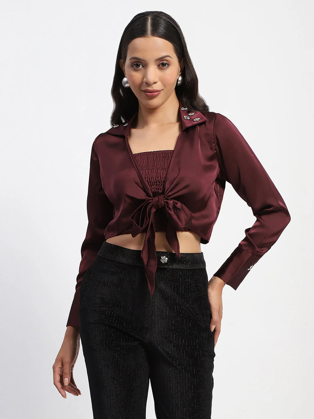 Madame Embellished Collar Front Knot Two Piece Maroon Crop Shirt - Image 3