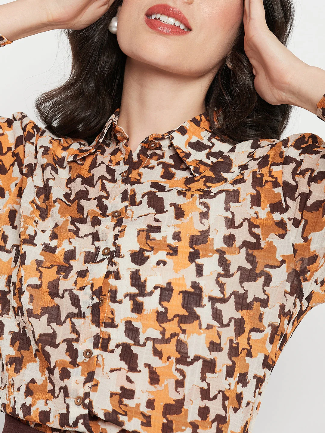 Madame Printed Beige Shirt With Cuff Sleeves - Image 3