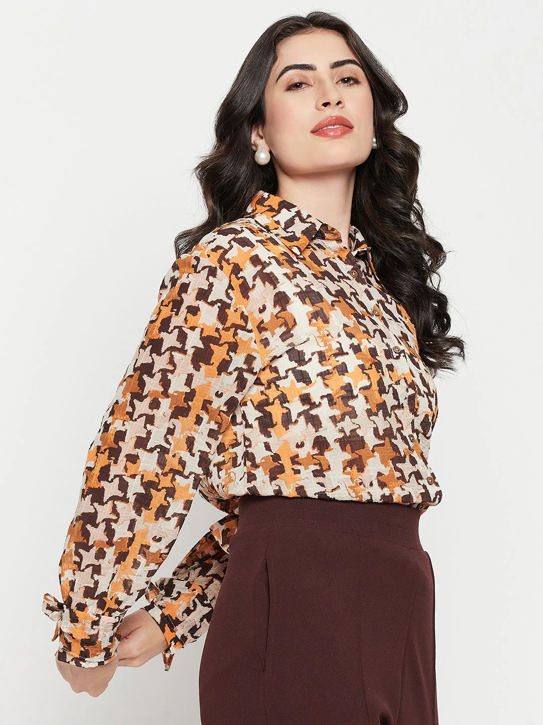 Madame Printed Beige Shirt With Cuff Sleeves - Image 5