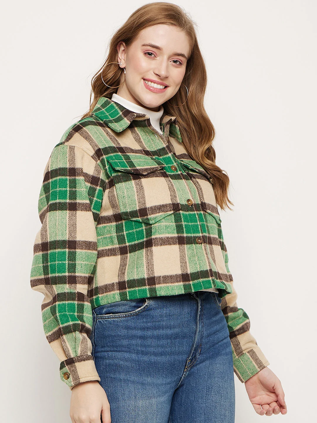 Madame Green Plaid Crop Shacket - Image 4