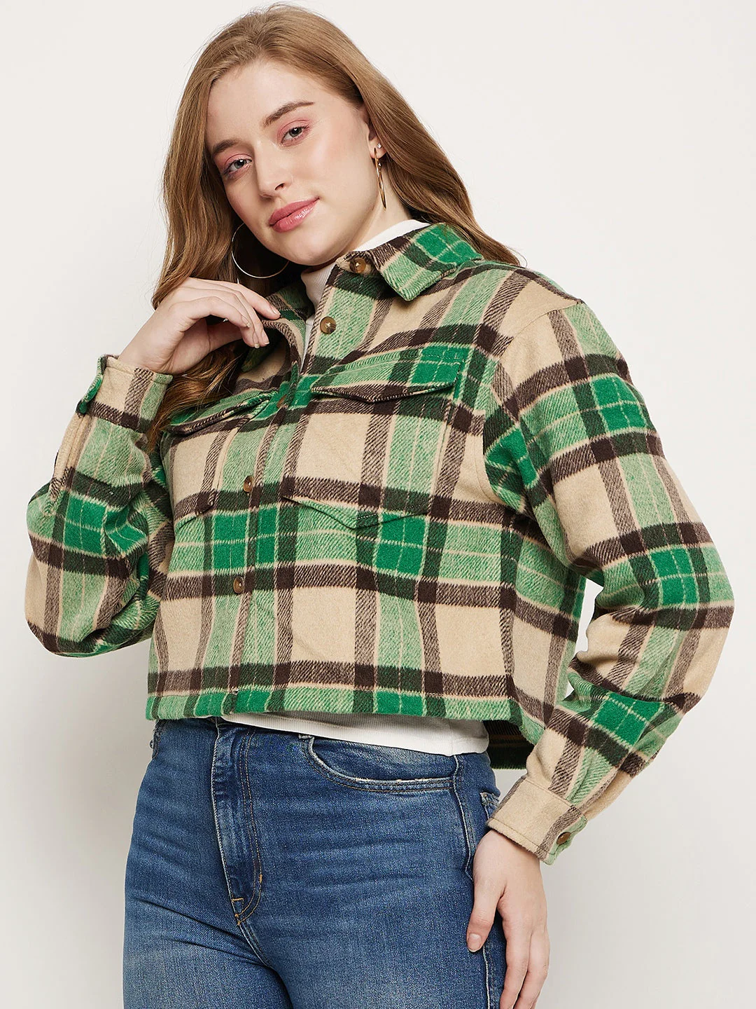 Madame Green Plaid Crop Shacket - Image 5