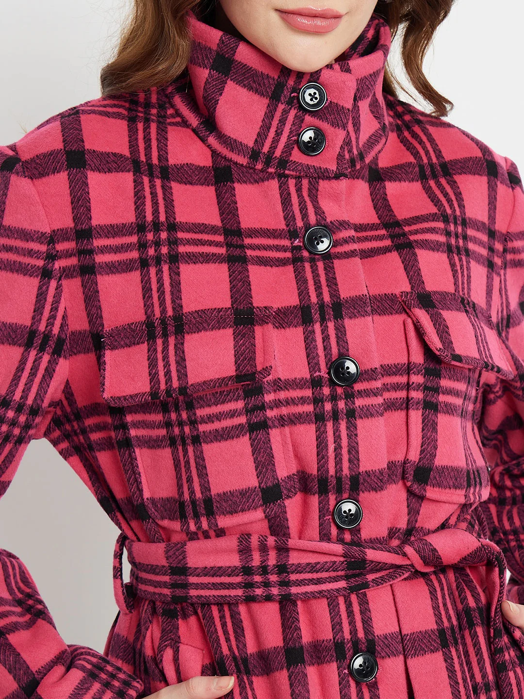 Madame Chequered Stand Collar Hot Pink Shacket - Image 2
