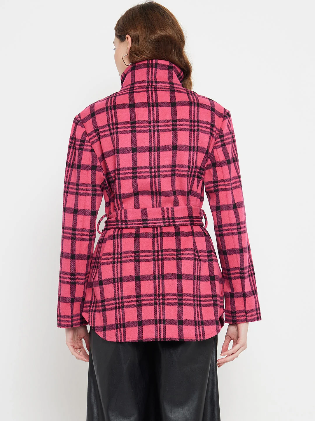 Madame Chequered Stand Collar Hot Pink Shacket - Image 3