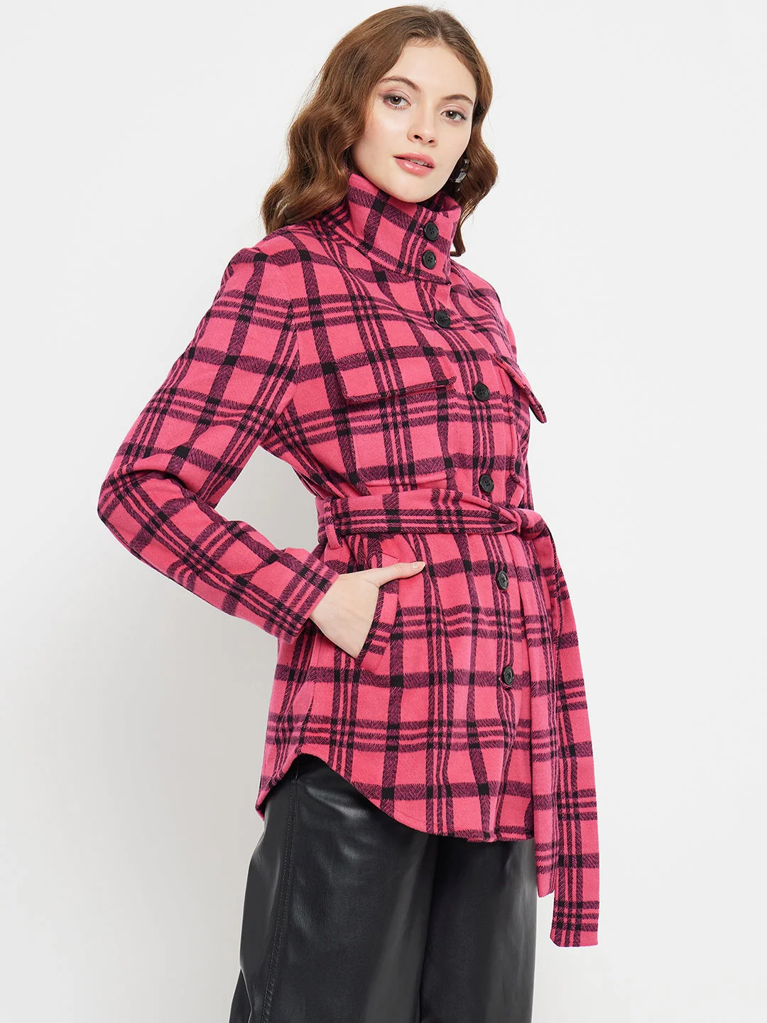 Madame Chequered Stand Collar Hot Pink Shacket - Image 4