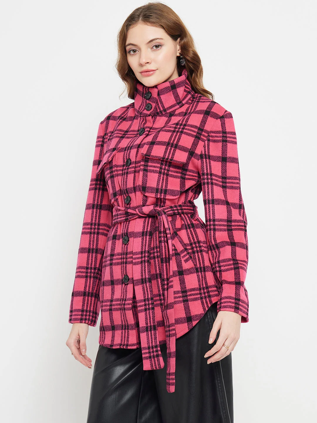 Madame Chequered Stand Collar Hot Pink Shacket - Image 5