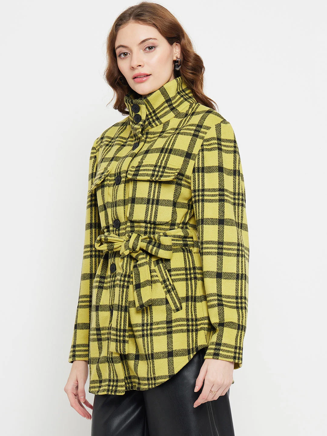 Madame Chequered Stand Collar Yellow Shacket - Image 5