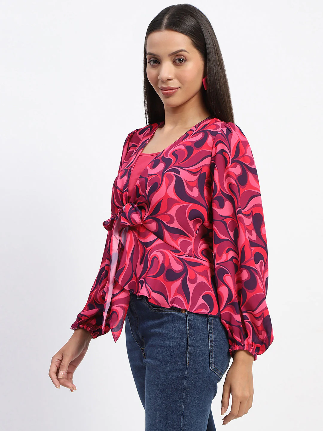 Madame Abstract Print Tie Front Pink Top - Image 4