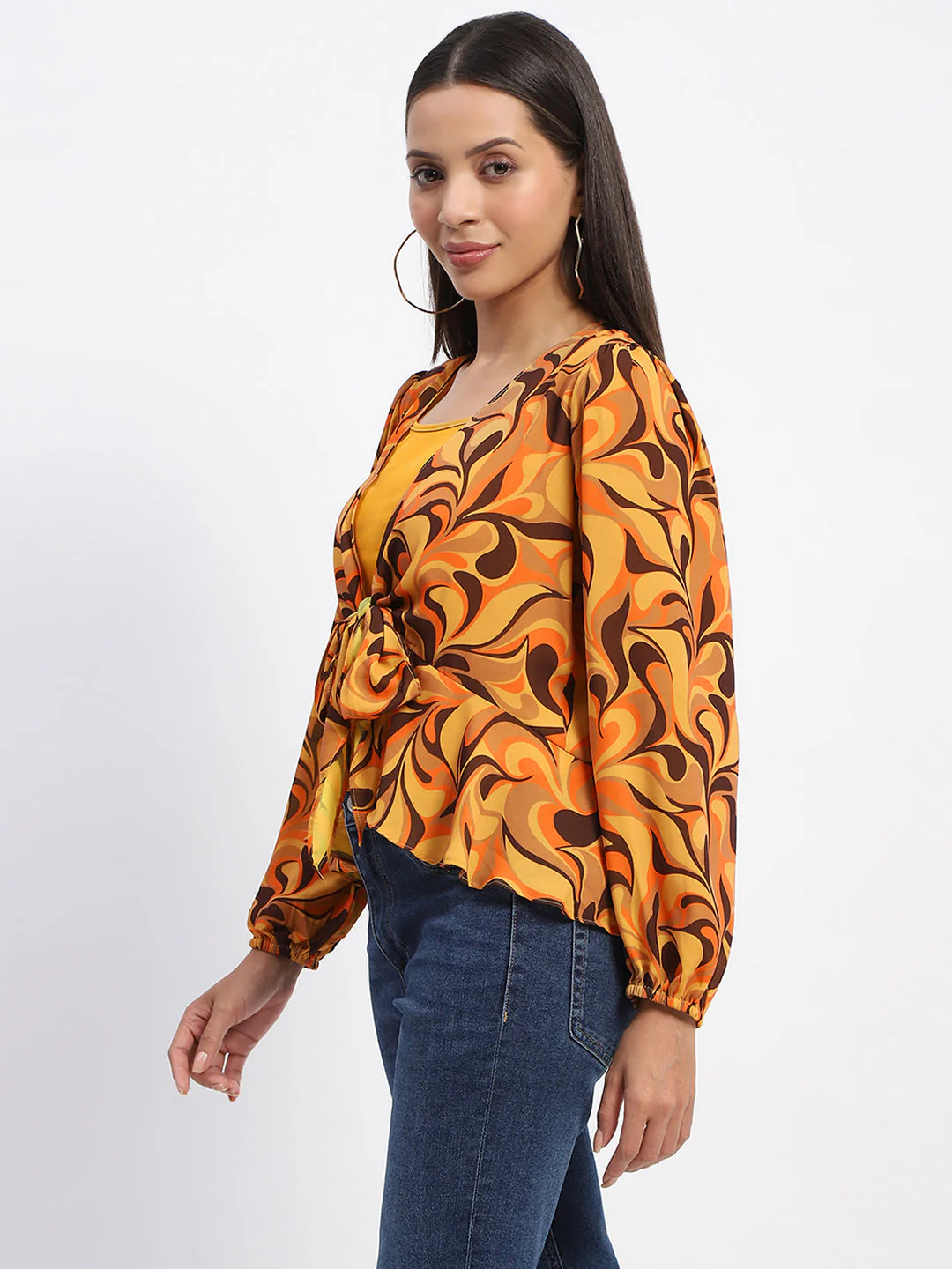 Madame Abstract Print Tie Front Yellow Top - Image 4