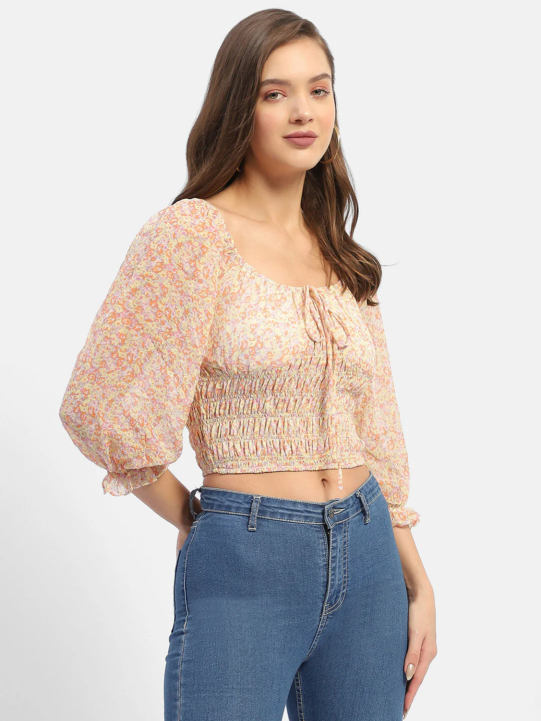 Madame Floral Print Off-White Smocked Off-Shoulder Top - Image 3