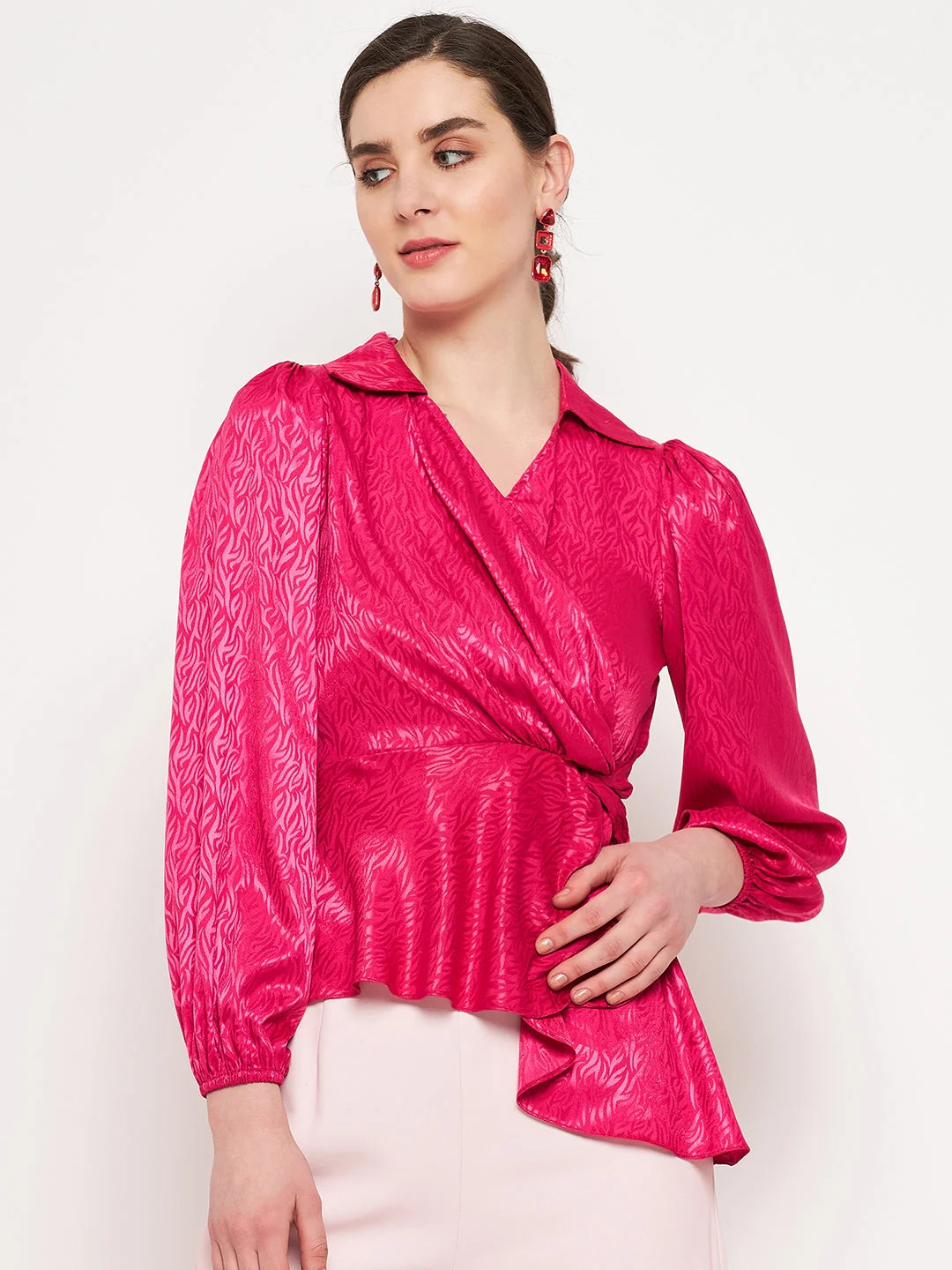 Madame Hot Pink Puff Sleeve Top - Image 4