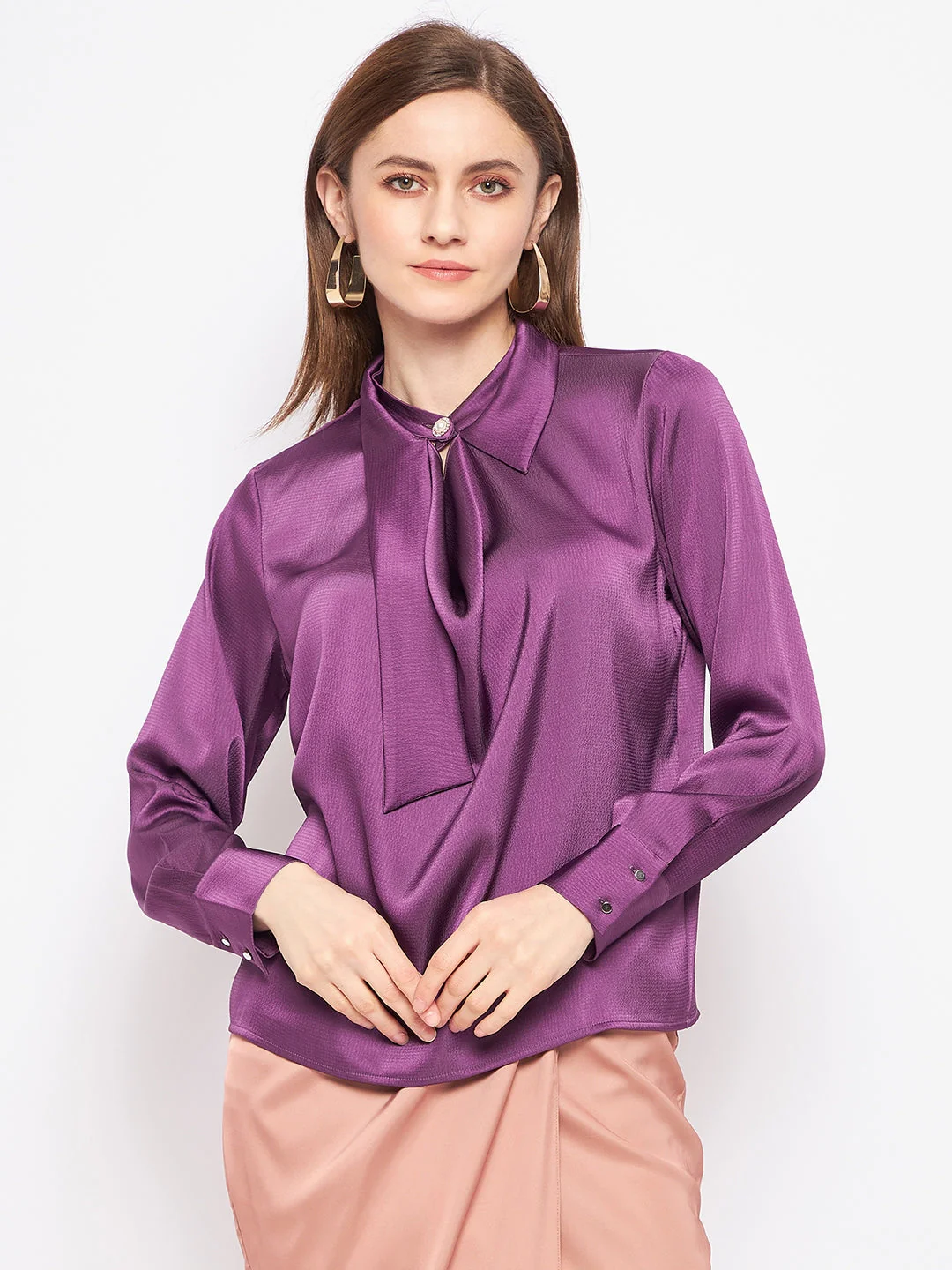 Madame Purple Tie-Neck Regular Fit Top