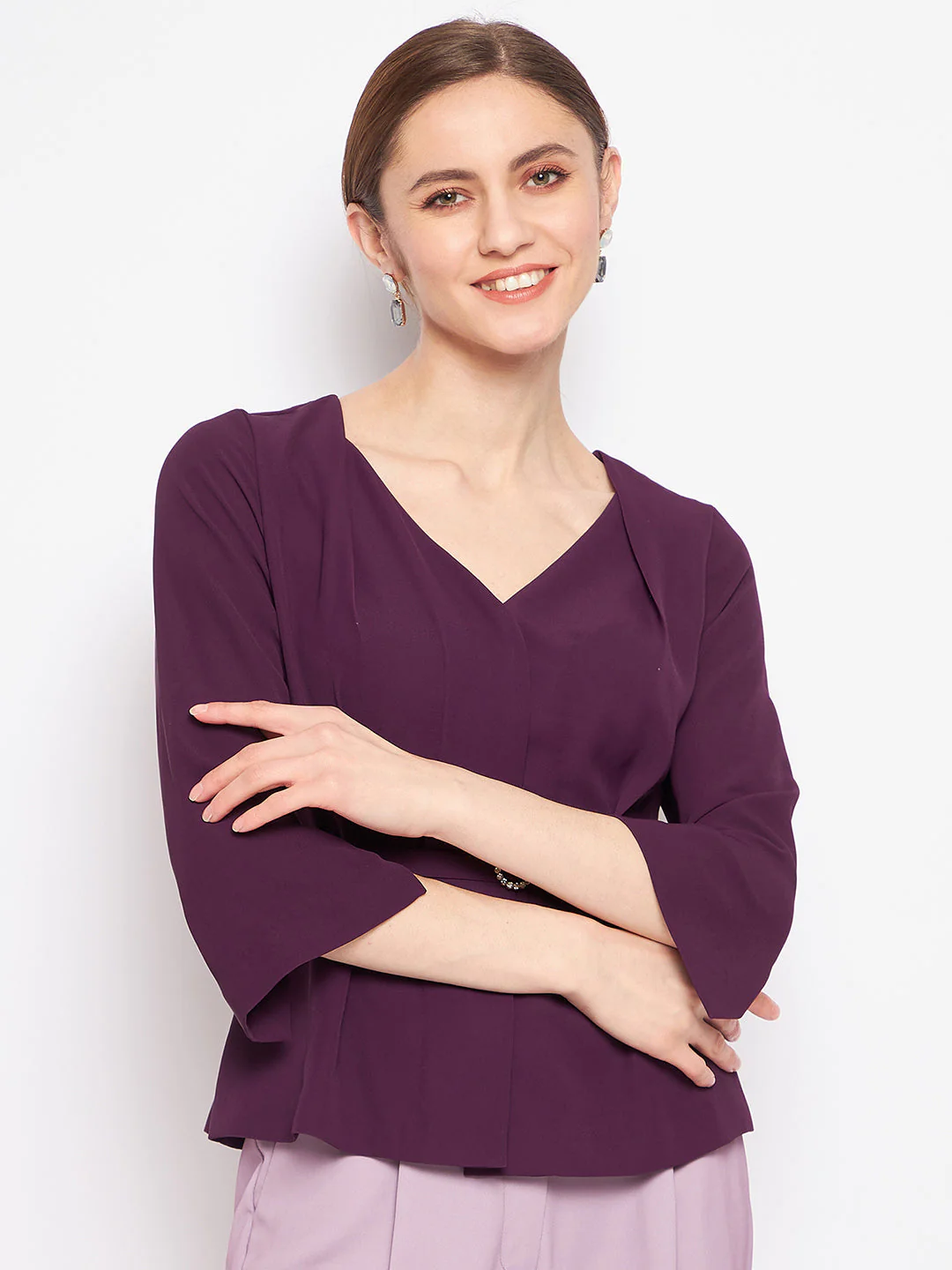 Madame Purple Belted V-Neck Peplum Top