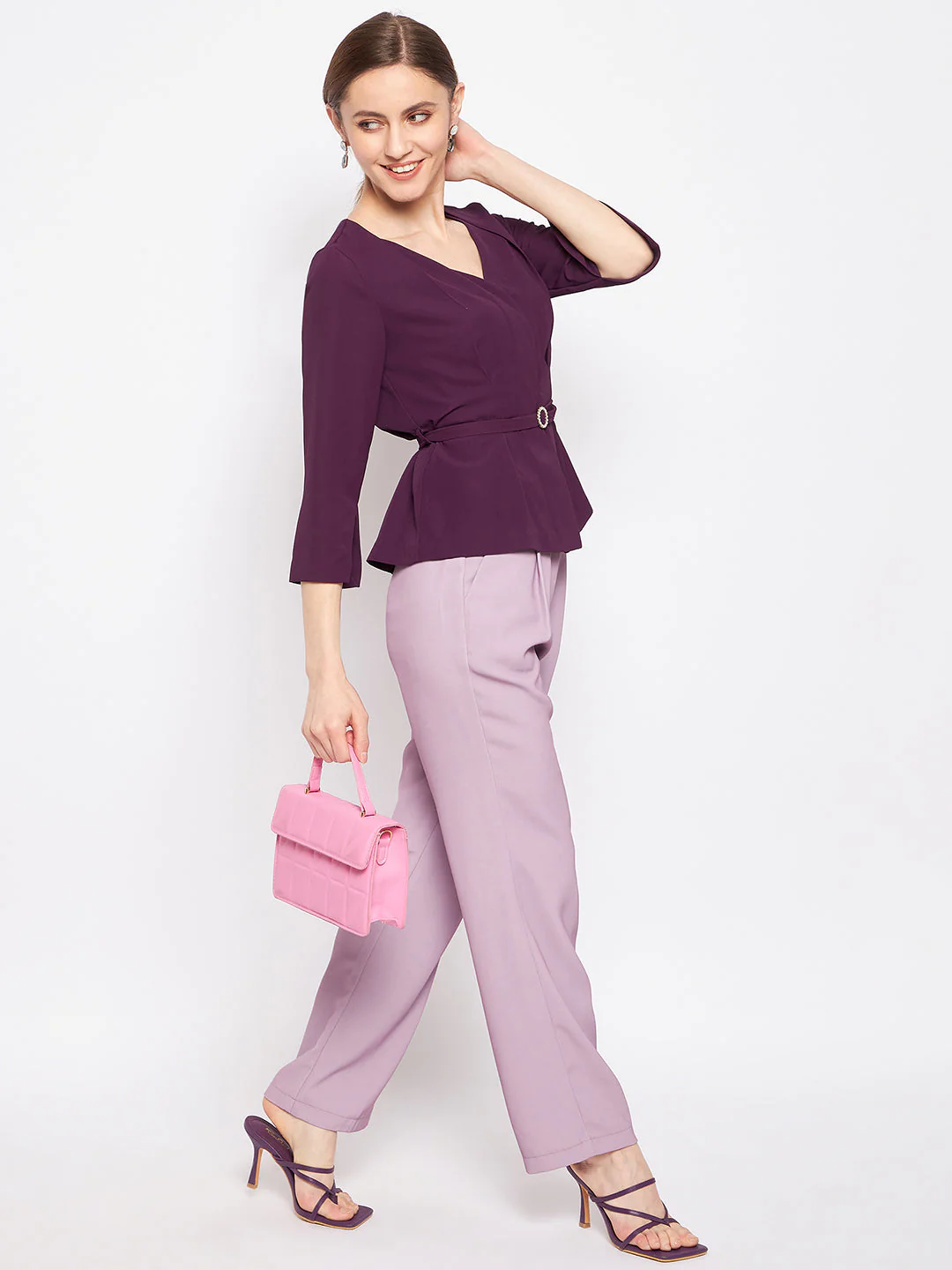 Madame Purple Belted V-Neck Peplum Top - Image 2