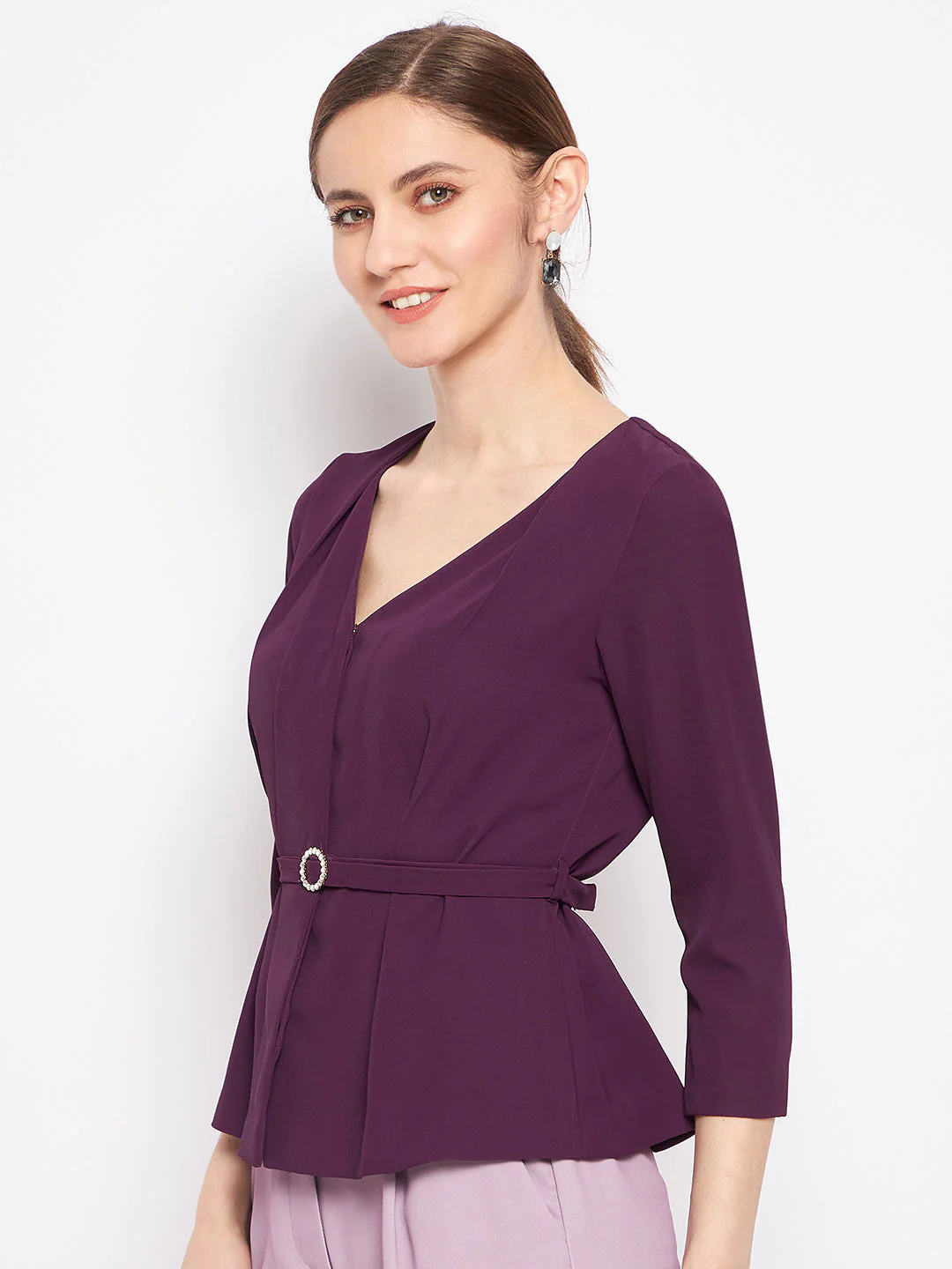 Madame Purple Belted V-Neck Peplum Top - Image 3