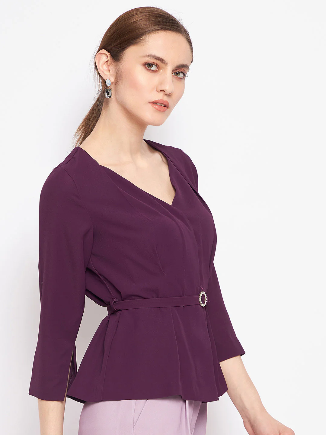 Madame Purple Belted V-Neck Peplum Top - Image 4