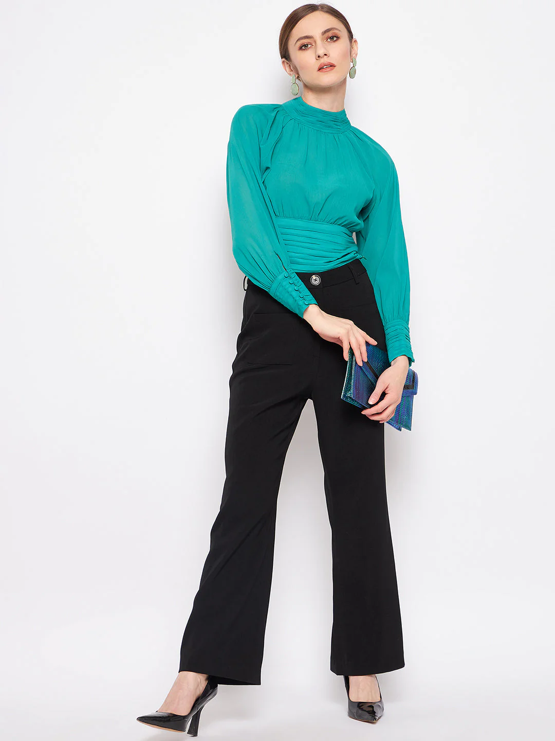 Madame Green High-Neck Pleated Balloon Top - Image 4