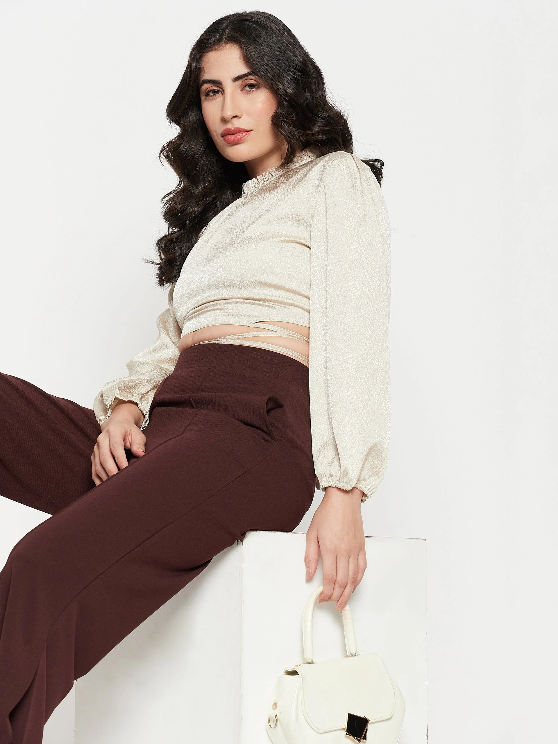 Madame Beige Tie-Up Waist High-Neck Top - Image 2