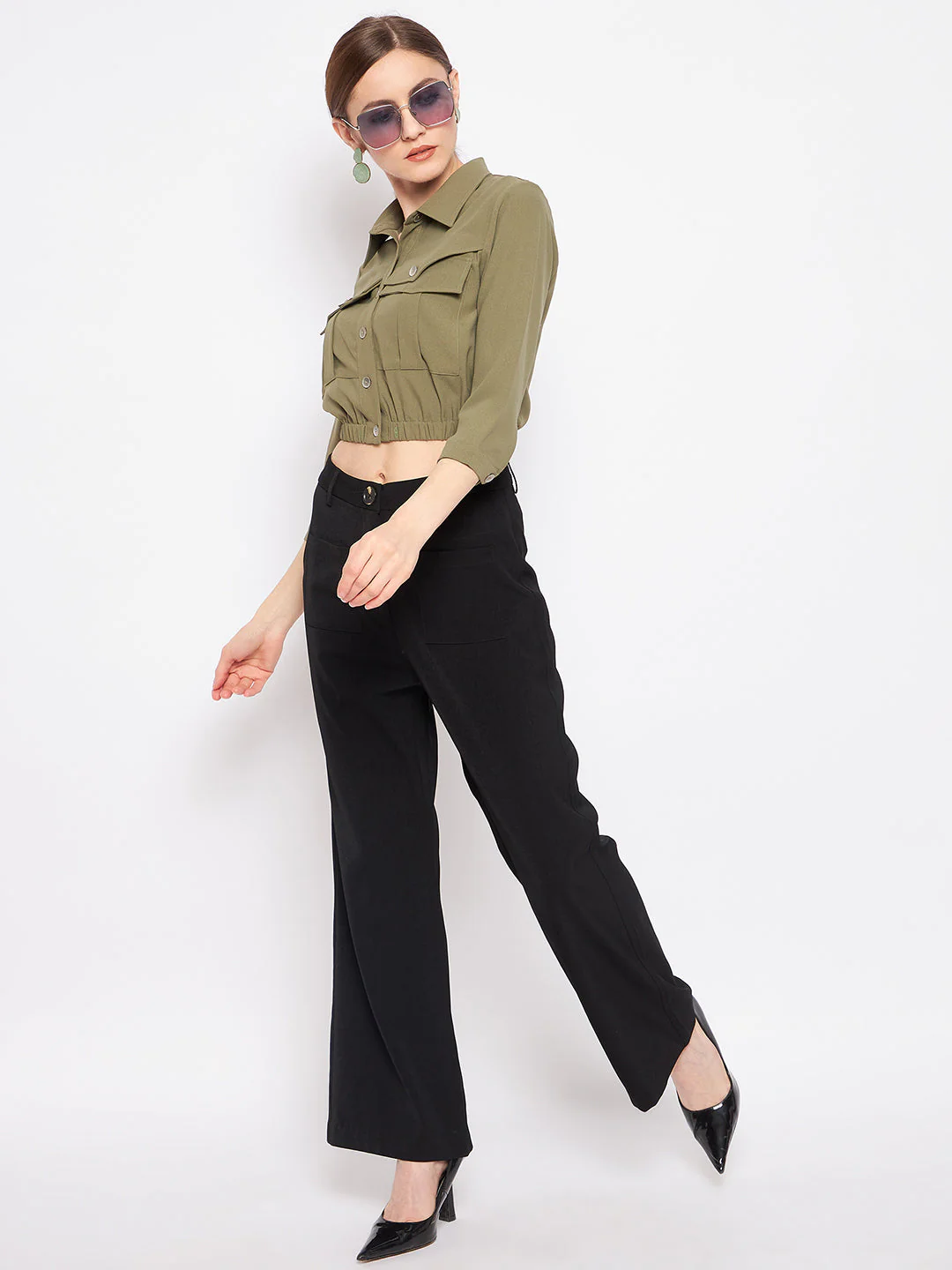 Madame Olive Green Cropped Shirt Top - Image 3