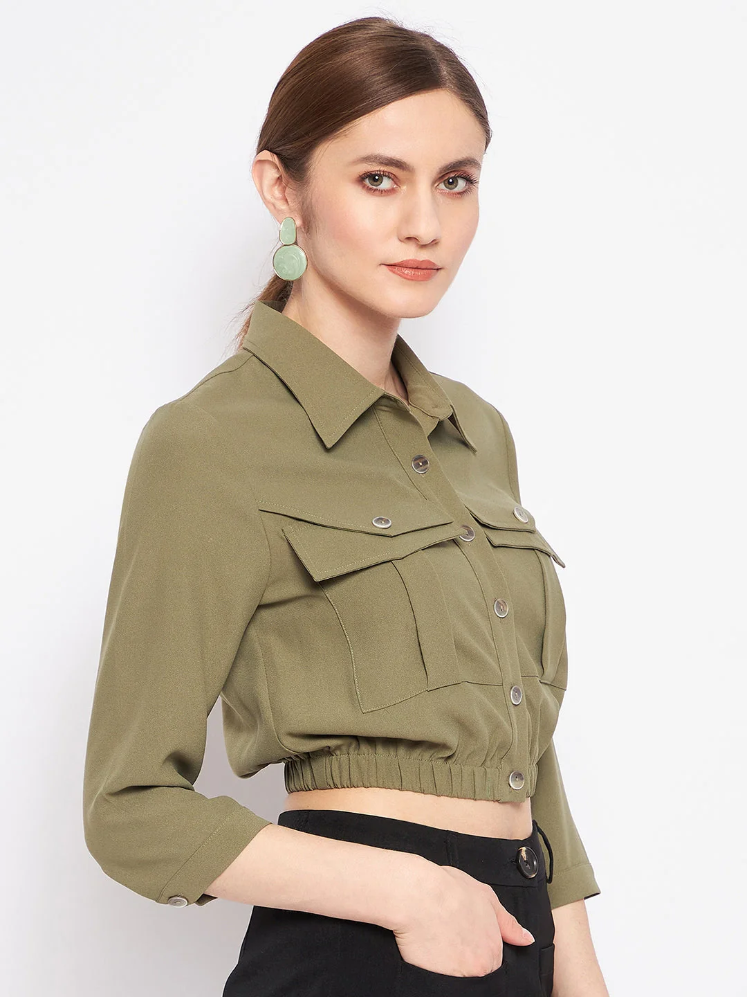 Madame Olive Green Cropped Shirt Top - Image 4