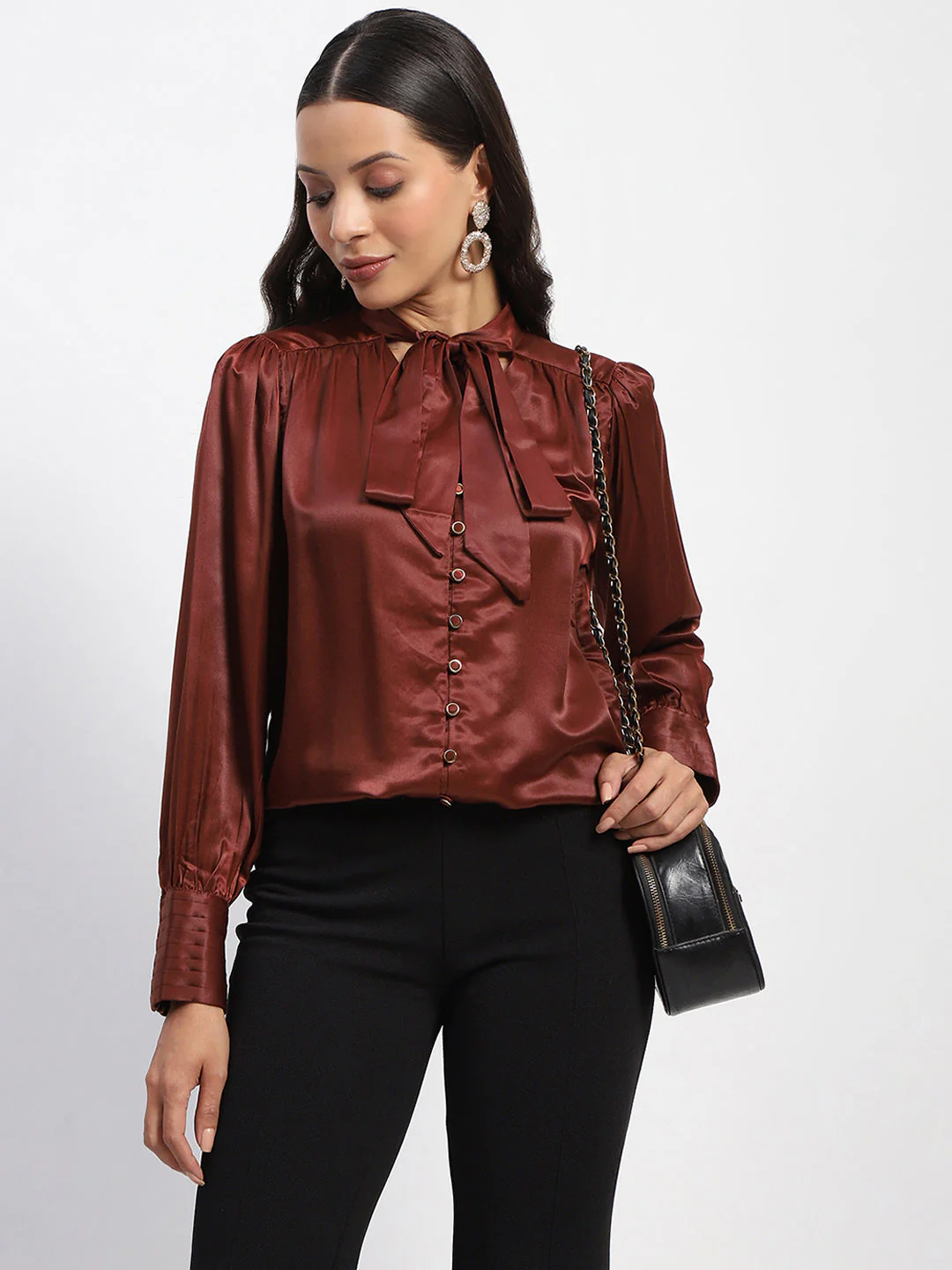 Madame Tie Up Neck Cuffed Sleeve Brown Top - Image 2