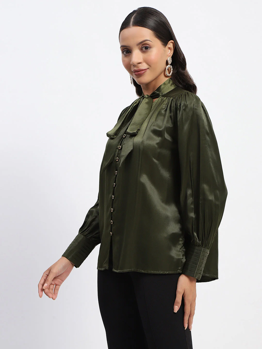 Madame Tie Up Neck Cuffed Sleeve Olive Top - Image 5