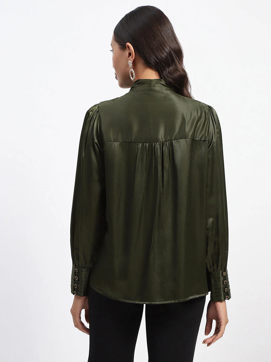 Madame Tie Up Neck Cuffed Sleeve Olive Top - Image 6