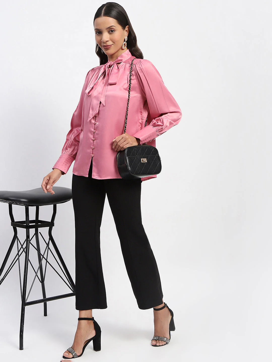Madame Tie Up Neck Cuffed Sleeve Pink Top