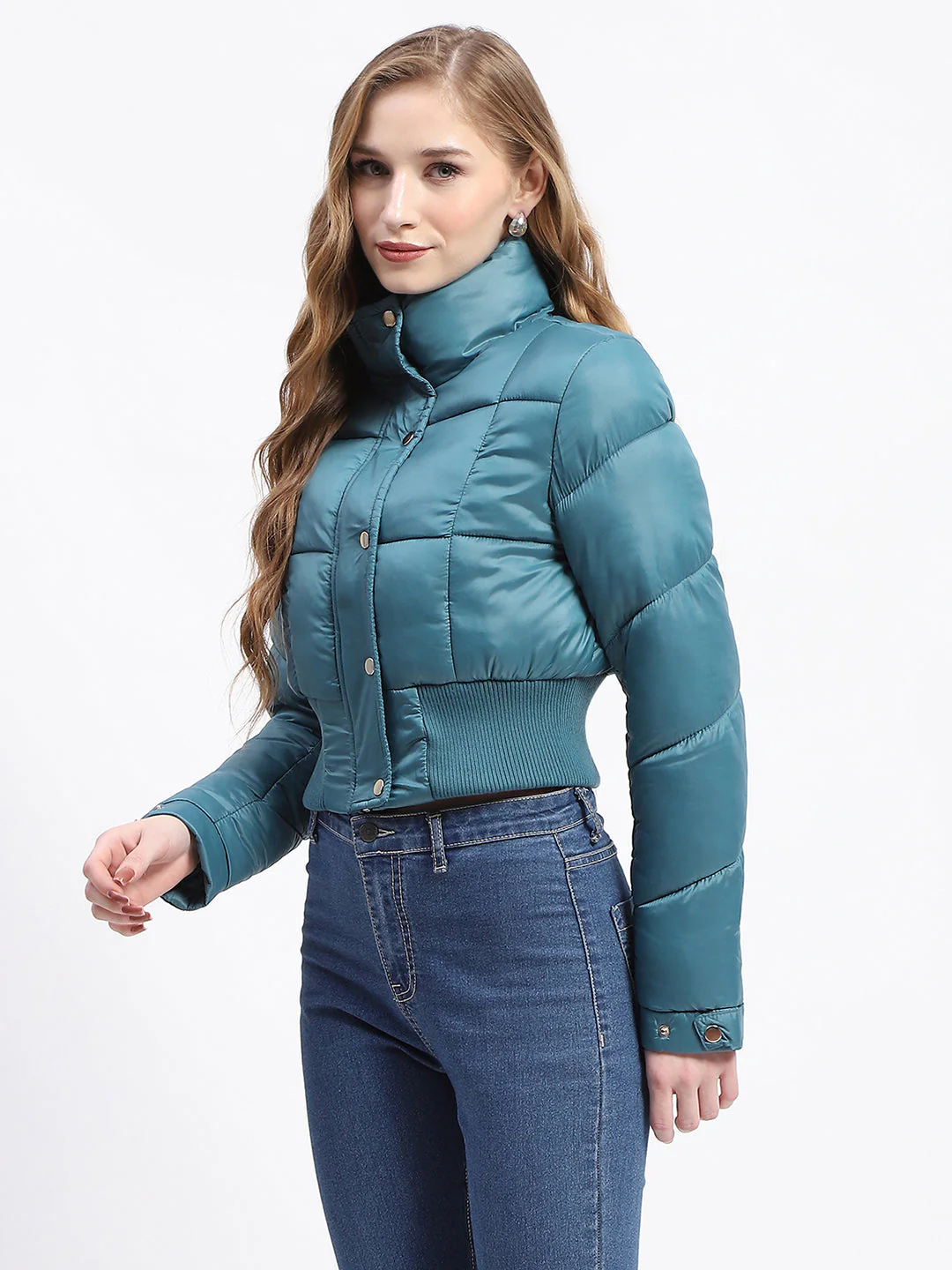 Madame Cropped Aqua Quilted Puffer High Neck Jacket - Image 4