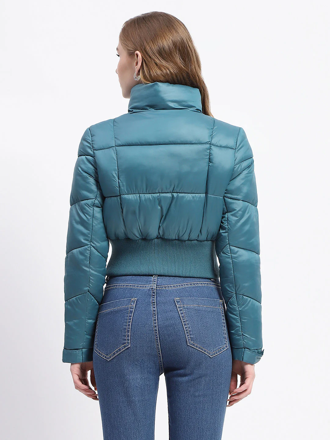 Madame Cropped Aqua Quilted Puffer High Neck Jacket - Image 5