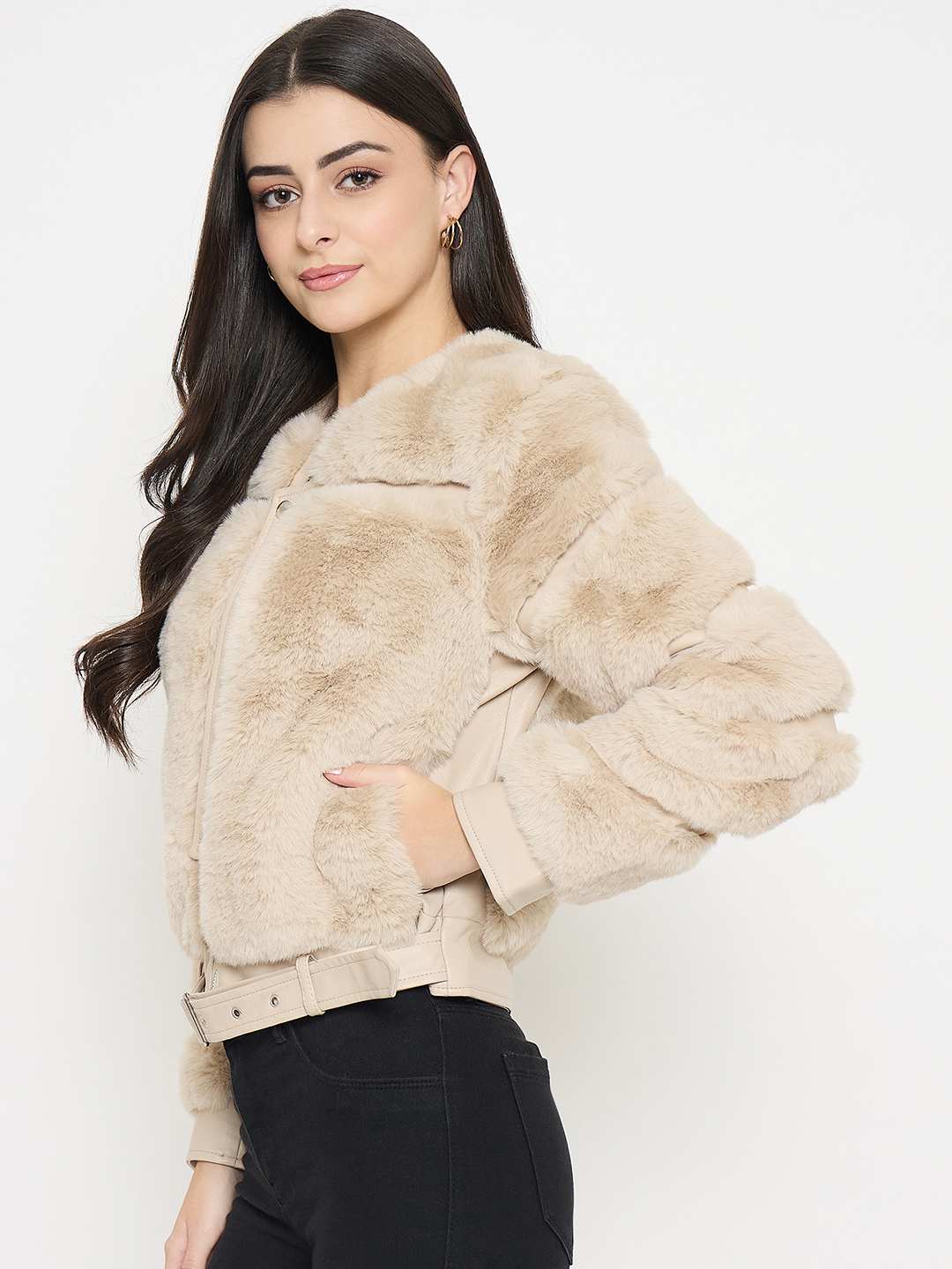 Madame Faux Fur Beige Bomber Jacket - Image 5