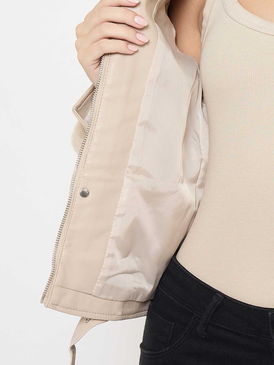 Madame Faux Fur Beige Bomber Jacket - Image 6