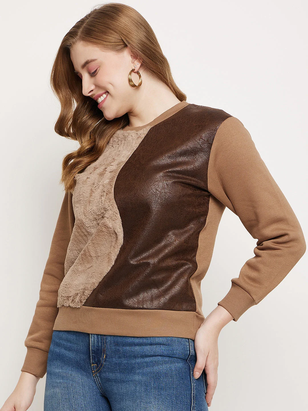 Madame Brown Fleece And Faux Leather Colourblocked Sweatshirt - Image 5