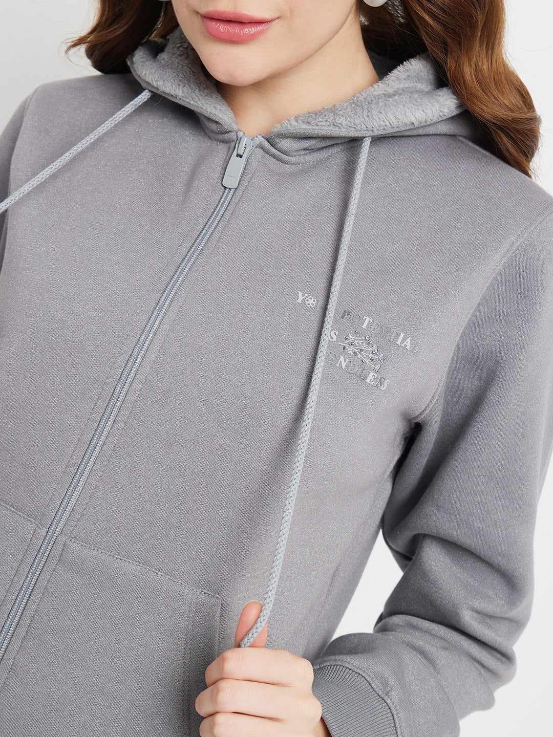 Madame Solid Grey Hooded Sweatshirt - Image 2