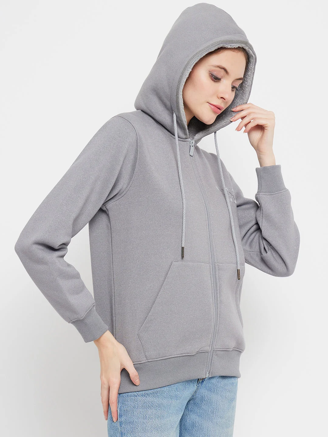 Madame Solid Grey Hooded Sweatshirt - Image 4