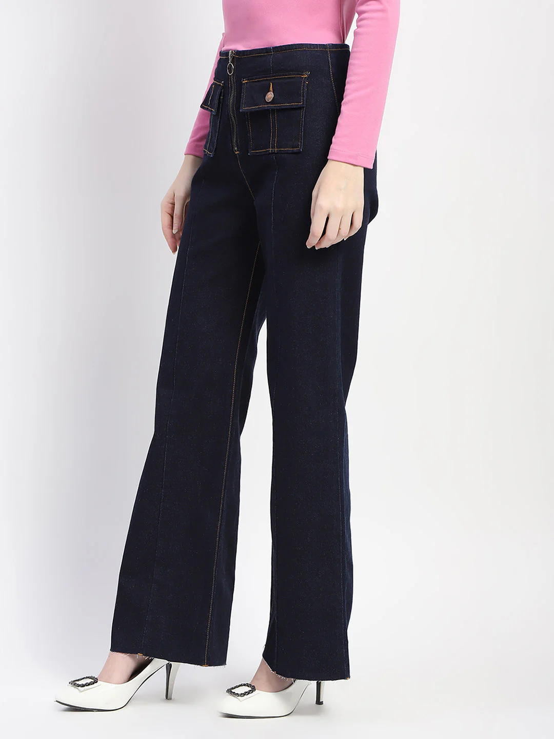 Madame Zipped Flap Patch Flared Carbon Blue Denim - Image 4