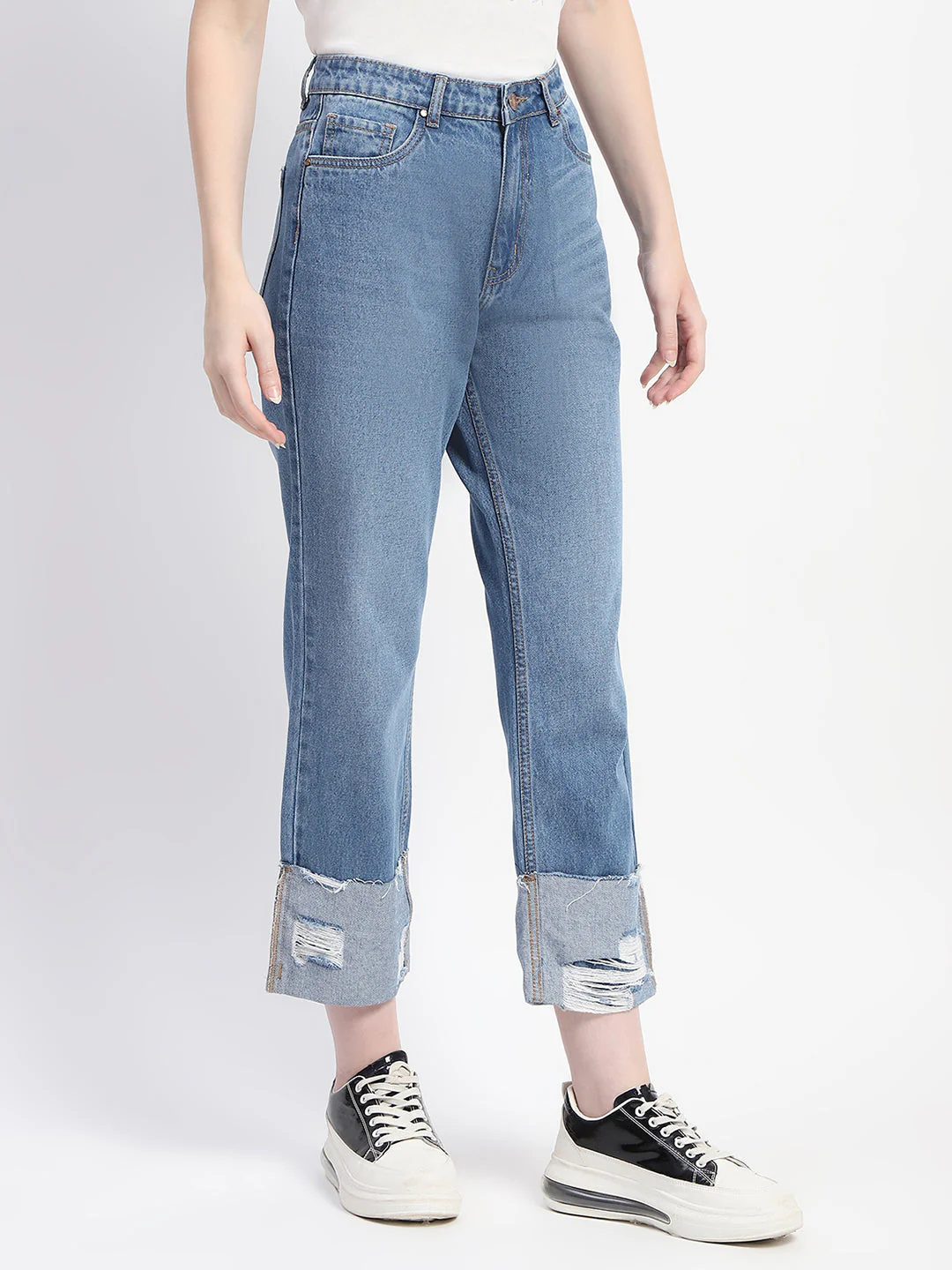 Madame Whiskered Folded Hem Ripped Denim - Image 3